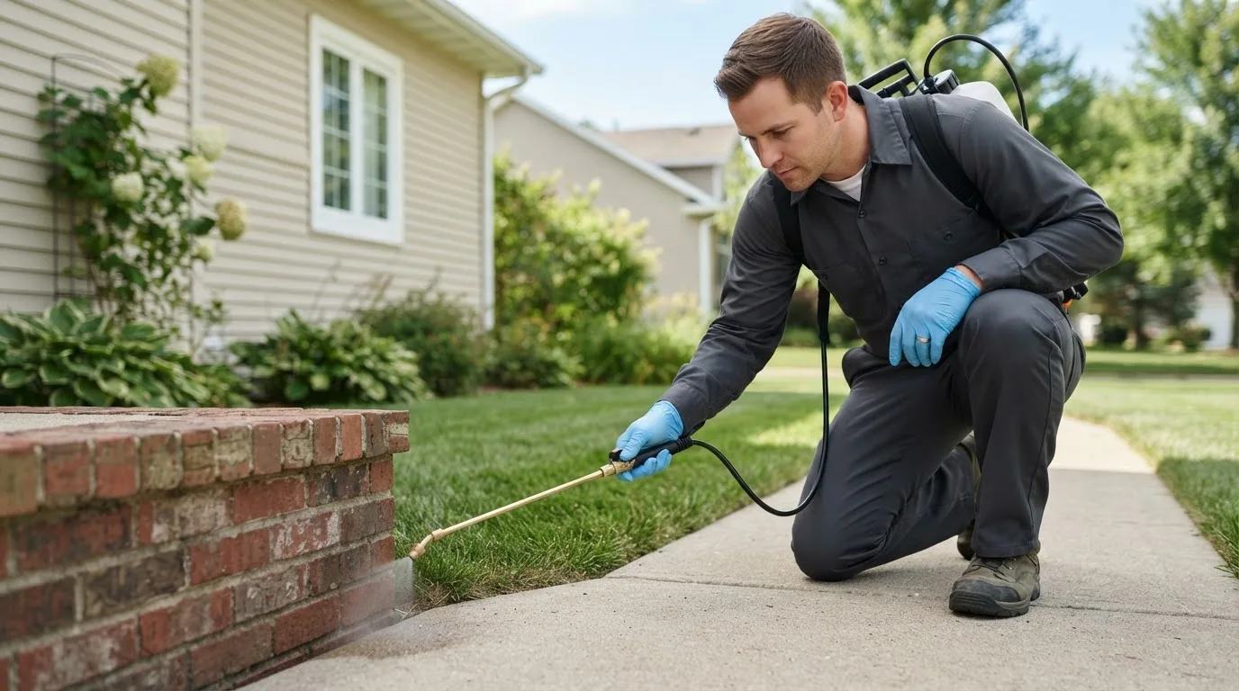 Pest control technician treating a home near Wilsonville, OR